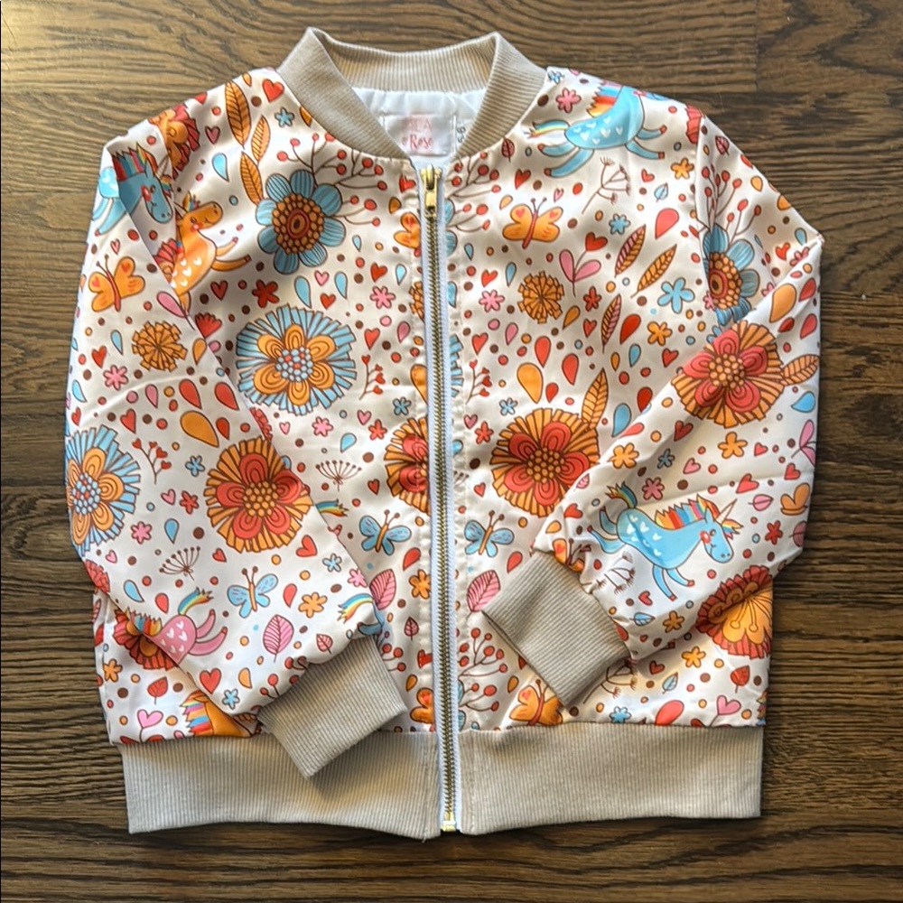Girls Floral and Unicorn Print Bomber Jacket